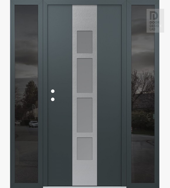 Modern Steel Front Door DIAMOND A10 60" X 80" ANTHRACITE/ANTHRACITE FROSTED GLASS PANEL STAINLESS STEEL RHI WITH 2 SIDELITES MIRRORED GLASS