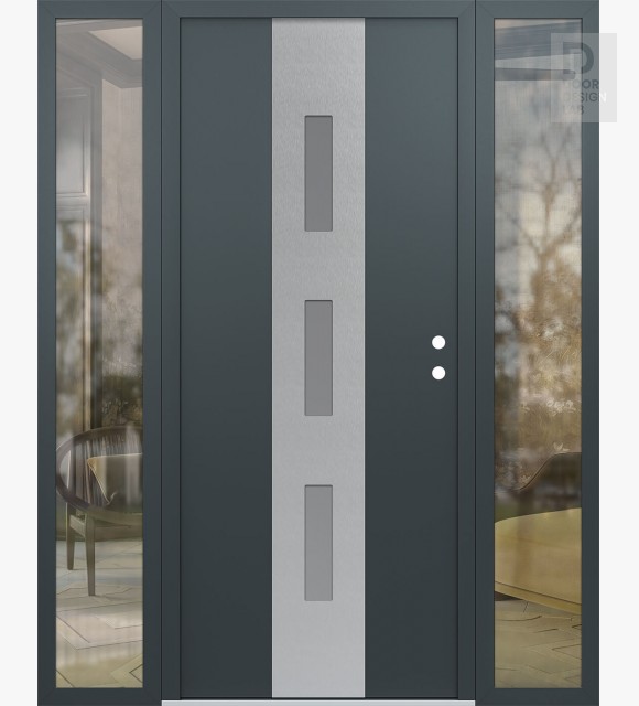 Modern Steel Front Door DIAMOND A7 64" X 80" ANTHRACITE/ANTHRACITE FROSTED GLASS PANEL STAINLESS STEEL LHI WITH 2 SIDELITES CLEAR GLASS