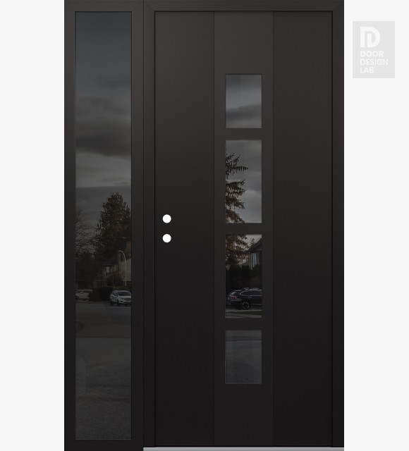 Modern Steel Front Door DIAMOND A10 50" X 80" BLACK/BLACK MIRRORED GLASS PANEL BLACK RHI WITH SIDELITE MIRRORED GLASS