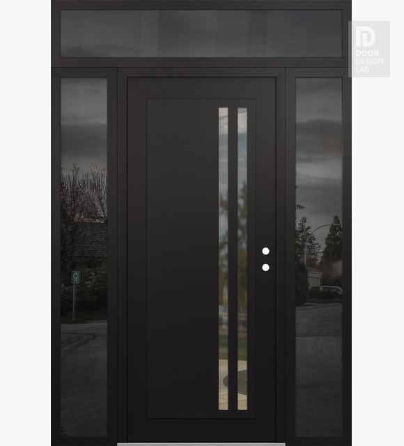 Modern Steel Front Door Diamond C6 68" x 96" black/black clear Glass Panel black LHI with 2 Sidelites and Transom mirrored Glass