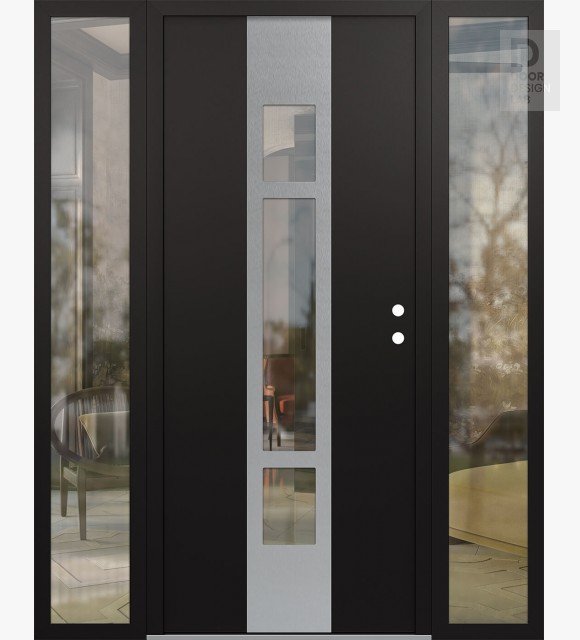Modern Steel Front Door DIAMOND A9 68" X 80" BLACK/BLACK CLEAR GLASS PANEL STAINLESS STEEL LHI WITH 2 SIDELITES CLEAR GLASS