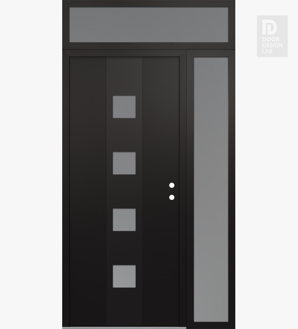 Modern Steel Front Door DIAMOND A12 52" X 96" BLACK/WHITE FROSTED GLASS PANEL BLACK LHI WITH SIDELITE AND TRANSOM FROSTED GLASS