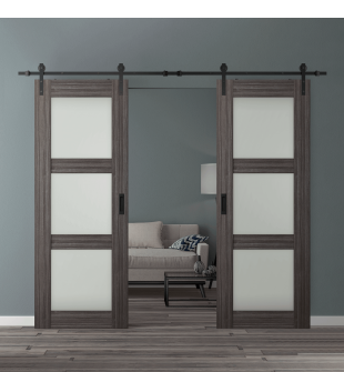 DOUBLE BARN DOOR PALLADIO 3 LITE VETRO GRAY OAK 36" X 96" X 1 9/16" TEMPERED FROSTED GLASS BLACK HARDWARE