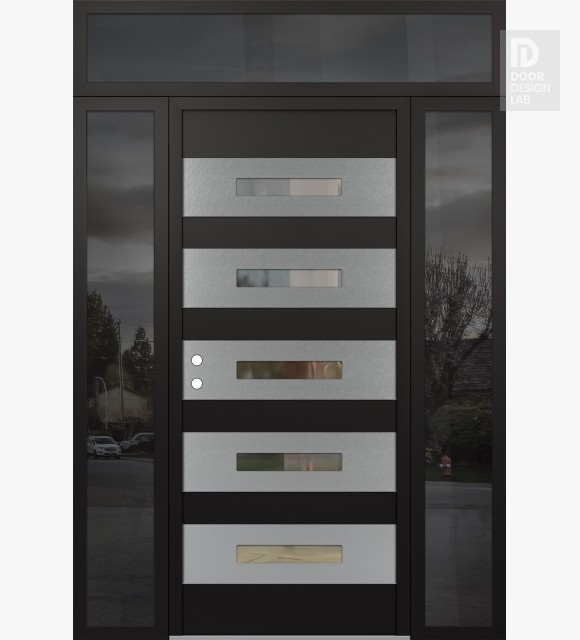 Modern Steel Front Door Diamond D9 68" x 96" black/black clear Glass Panel stainless steel RHI with 2 Sidelites and Transom mirrored Glass