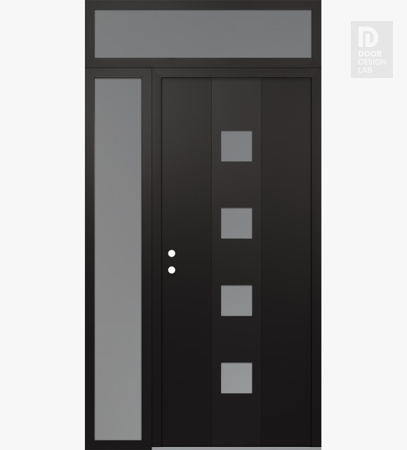Modern Steel Front Door DIAMOND A12 50" X 96" BLACK/WHITE FROSTED GLASS PANEL BLACK RHI WITH SIDELITE AND TRANSOM FROSTED GLASS