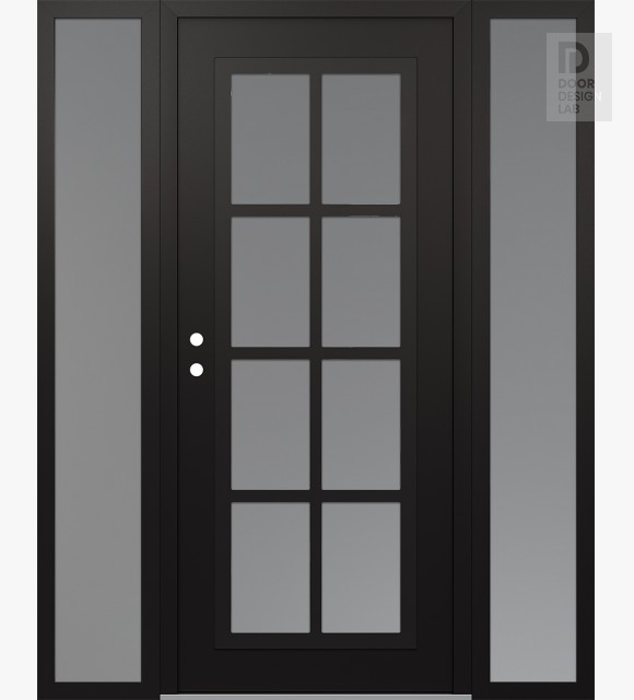 Modern Steel Front Door Diamond C16 64" x 80" black/white frosted Glass Panel black RHI with 2 Sidelites frosted Glass