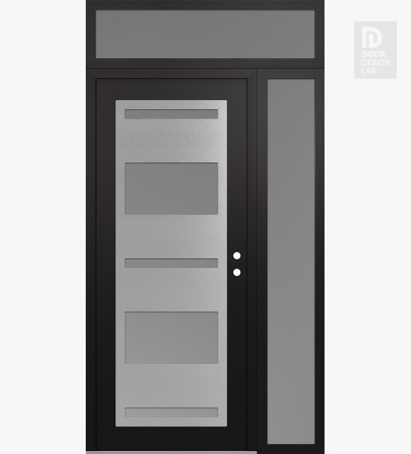 Modern Steel Front Door Diamond C10 48" x 96" black/white frosted Glass Panel stainless steel LHI with Sidelite and Transom frosted Glass