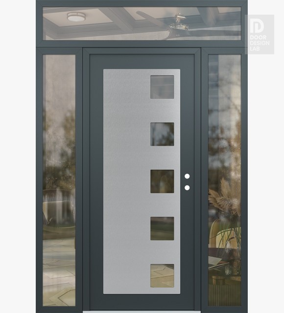 Modern Steel Front Door Diamond C5 60" x 96" anthracite/anthracite clear Glass Panel stainless steel LHI with 2 Sidelites and Transom clear Glass