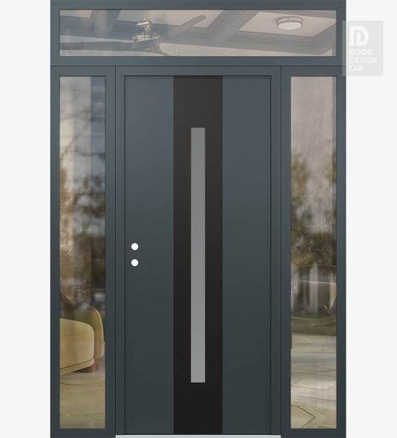 Modern Steel Front Door DIAMOND A2 64" X 96" ANTHRACITE/ANTHRACITE FROSTED GLASS PANEL BLACK RHI WITH 2 SIDELITES AND TRANSOM CLEAR GLASS