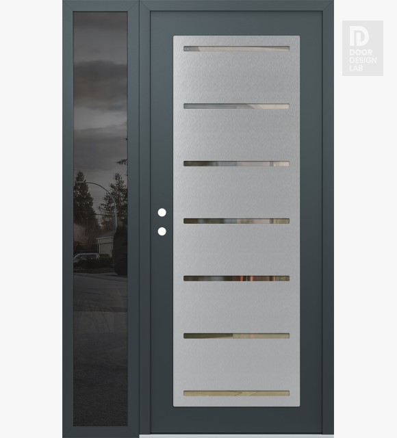 Modern Steel Front Door Diamond C11 52" x 80" anthracite/anthracite clear Glass Panel stainless steel RHI with Sidelite mirrored Glass