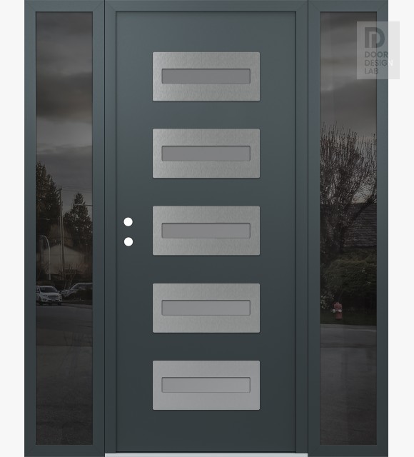 Modern Steel Front Door Diamond D4 64" x 80" anthracite/anthracite frosted Glass Panel stainless steel RHI with 2 Sidelites mirrored Glass