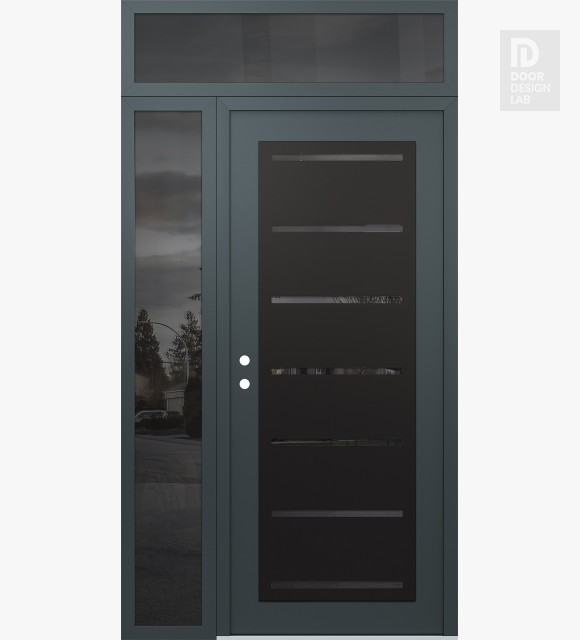 Modern Steel Front Door Diamond C11 52" x 96" anthracite/anthracite mirrored Glass Panel black RHI with Sidelite and Transom mirrored Glass