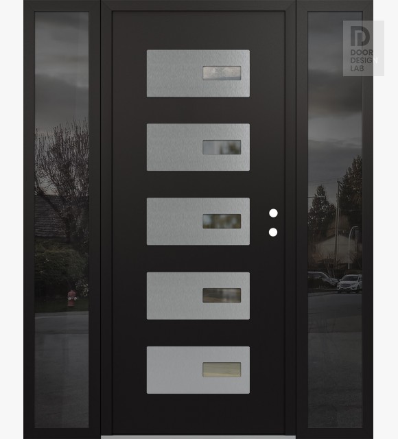 Modern Steel Front Door Diamond D7 64" x 80" black/black clear Glass Panel stainless steel LHI with 2 Sidelites mirrored Glass