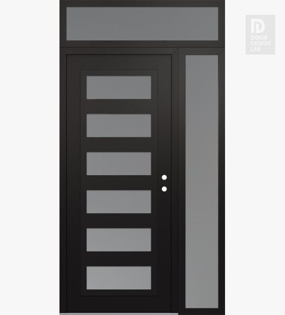 Modern Steel Front Door Diamond C9 52" x 96" black/white frosted Glass Panel black LHI with Sidelite and Transom frosted Glass