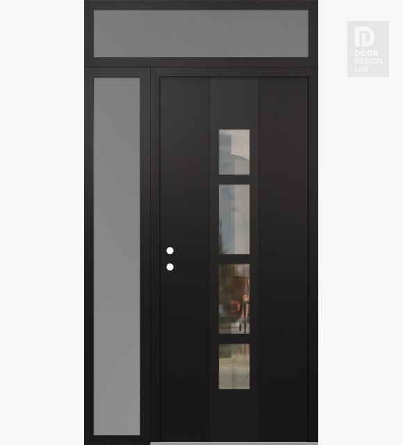 Modern Steel Front Door DIAMOND A10 48" X 96" BLACK/BLACK CLEAR GLASS PANEL BLACK RHI WITH SIDELITE AND TRANSOM FROSTED GLASS