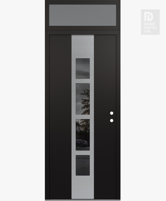 Modern Steel Front Door DIAMOND A10 36" X 96" BLACK/BLACK MIRRORED GLASS PANEL STAINLESS STEEL LHI WITH TRANSOM FROSTED GLASS
