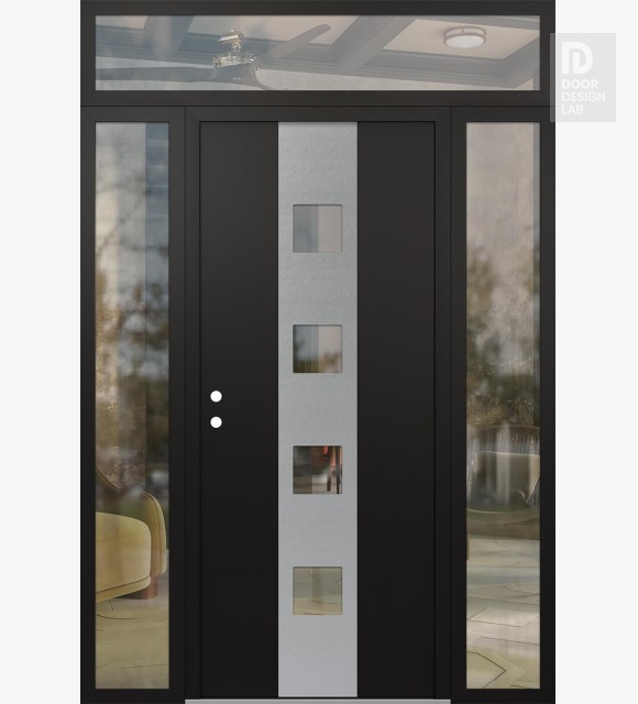 Modern Steel Front Door DIAMOND A12 64" X 96" BLACK/BLACK CLEAR GLASS PANEL STAINLESS STEEL RHI WITH 2 SIDELITES AND TRANSOM CLEAR GLASS