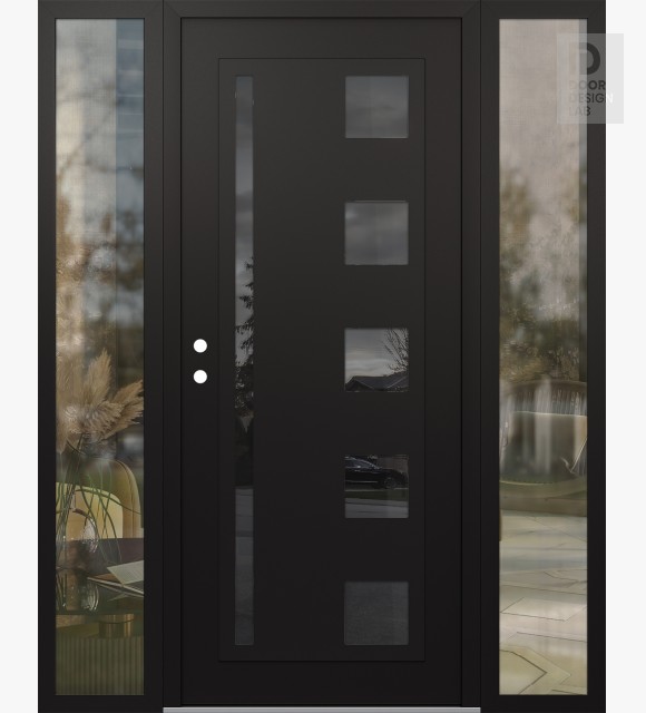 Modern Steel Front Door Diamond C3 64" x 80" black/black mirrored Glass Panel black RHI with 2 Sidelites clear Glass