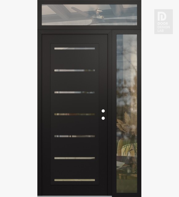 Modern Steel Front Door Diamond C11 50" x 96" black/black clear Glass Panel black LHI with Sidelite and Transom clear Glass