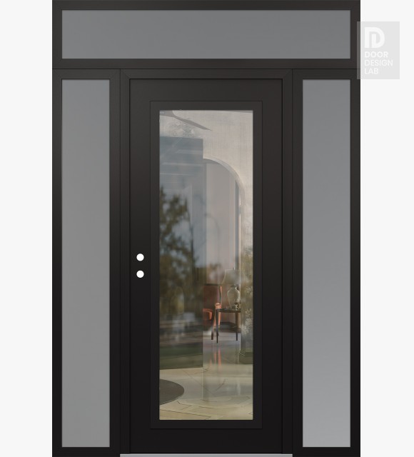 Modern Steel Front Door Diamond C1 64" x 96" black/black clear Glass Panel black RHI with 2 Sidelites and Transom frosted Glass
