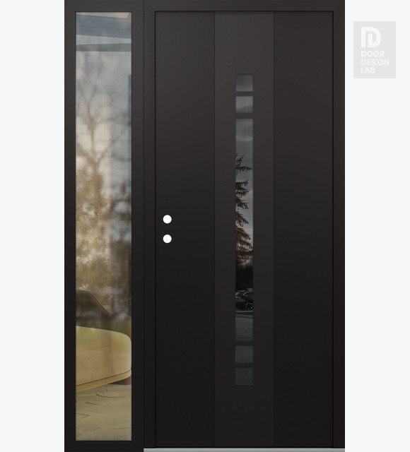Modern Steel Front Door DIAMOND A4 52" X 80" BLACK/BLACK MIRRORED GLASS PANEL BLACK RHI WITH SIDELITE CLEAR GLASS