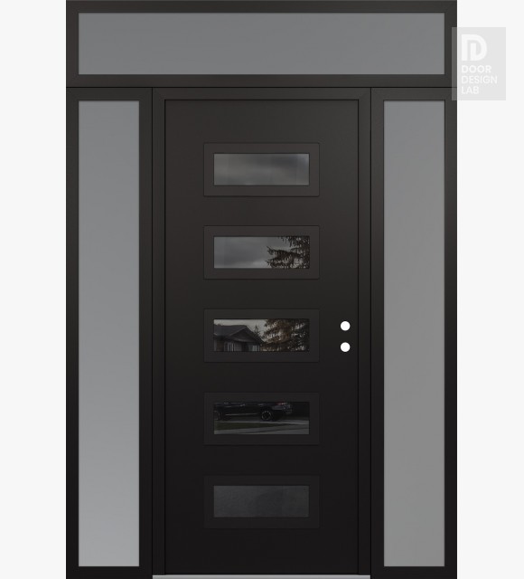 Modern Steel Front Door Diamond D1 68" x 96" black/black mirrored Glass Panel black LHI with 2 Sidelites and Transom frosted Glass