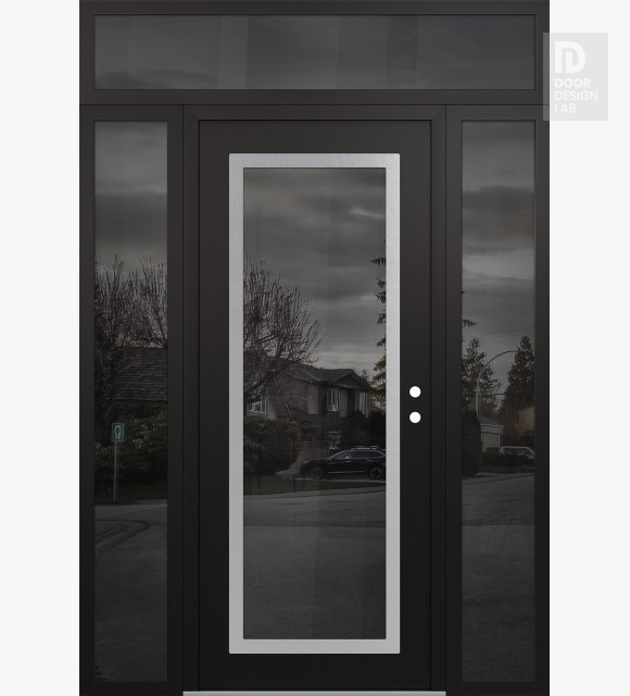 Modern Steel Front Door Diamond C1 64" x 96" black/black mirrored Glass Panel stainless steel LHI with 2 Sidelites and Transom mirrored Glass