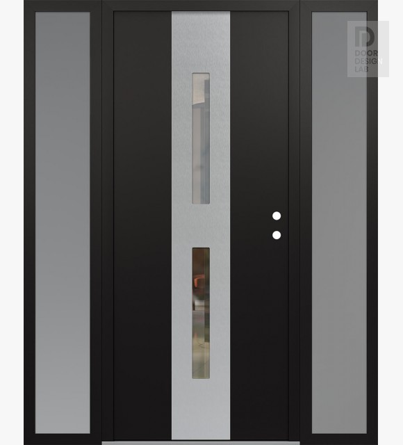 Modern Steel Front Door DIAMOND A6 60" X 80" BLACK/BLACK CLEAR GLASS PANEL STAINLESS STEEL LHI WITH 2 SIDELITES FROSTED GLASS