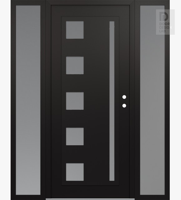 Modern Steel Front Door Diamond C3 64" x 80" black/white frosted Glass Panel black LHI with 2 Sidelites frosted Glass