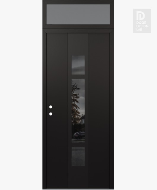 Modern Steel Front Door DIAMOND A9 36" X 96" BLACK/BLACK MIRRORED GLASS PANEL BLACK RHI WITH TRANSOM FROSTED GLASS