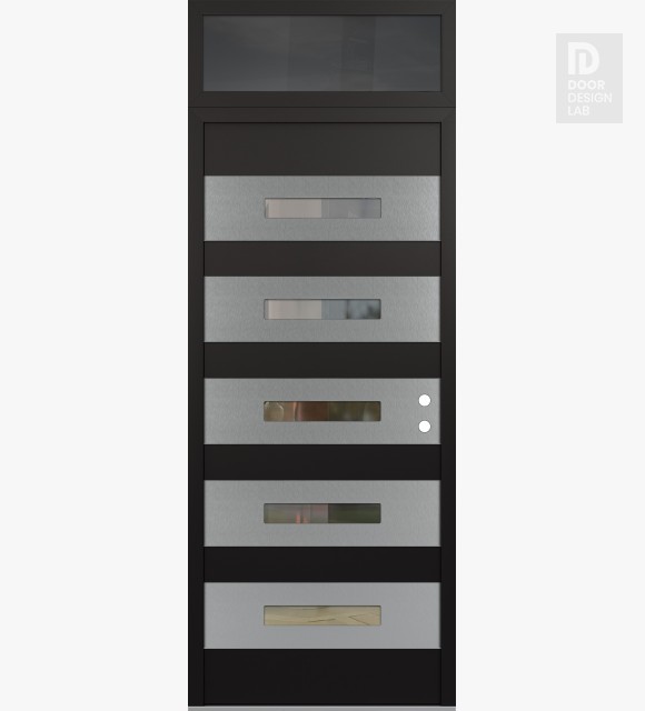 Modern Steel Front Door Diamond D9 36" x 96" black/black clear Glass Panel stainless steel LHI with Transom mirrored Glass