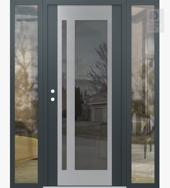 Modern Steel Front Door Diamond C15 60" x 80" anthracite/anthracite mirrored Glass Panel stainless steel RHI with 2 Sidelites clear Glass