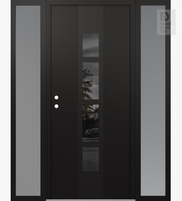 Modern Steel Front Door DIAMOND A10 60" X 80" BLACK/BLACK MIRRORED GLASS PANEL BLACK RHI WITH 2 SIDELITES FROSTED GLASS