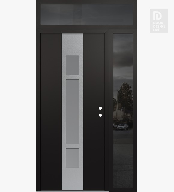 Modern Steel Front Door DIAMOND A9 52" X 96" BLACK/WHITE FROSTED GLASS PANEL STAINLESS STEEL LHI WITH SIDELITE AND TRANSOM MIRRORED GLASS