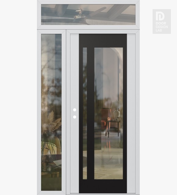 Modern Steel Front Door Diamond C15 52" x 96" white/white clear Glass Panel black RHI with Sidelite and Transom clear Glass