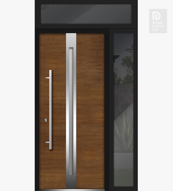 Front Exterior Prehung Steel Door / Deux 1744 Natural Oak / Side and Top Exterior Black Window / Stainless Inserts Single Modern Painted-W36+16" x H80+16"-Right-hand Inswing