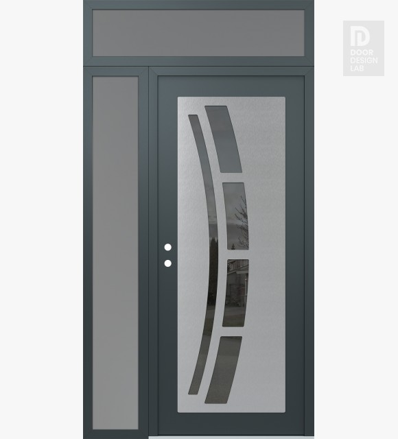 Modern Steel Front Door Diamond C12 52" x 96" anthracite/anthracite mirrored Glass Panel stainless steel RHI with Sidelite and Transom frosted Glass