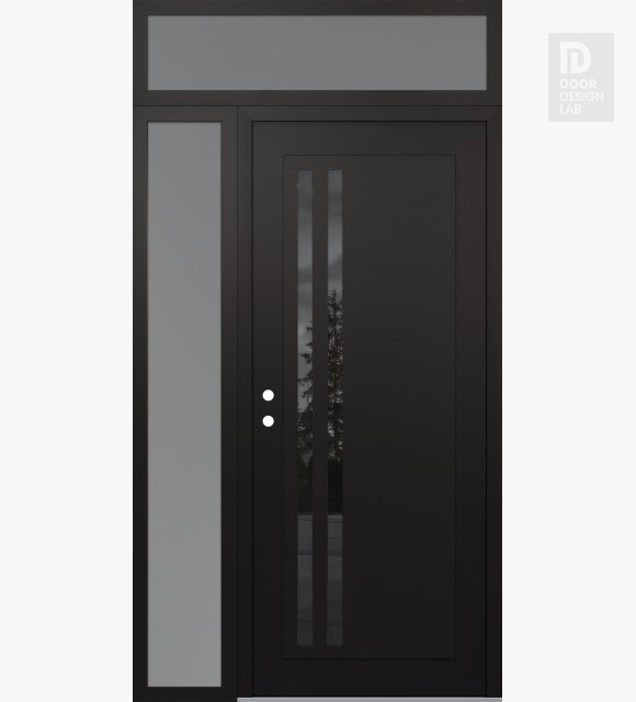 Modern Steel Front Door Diamond C6 50" x 96" black/black mirrored Glass Panel black RHI with Sidelite and Transom frosted Glass