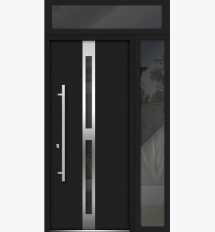 Front Exterior Prehung Steel Door / Deux 1755 Black Enamel / Side and Top Exterior Window / Stainless Inserts Single Modern Painted-W36+14" x H80+16"-Right-hand Inswing