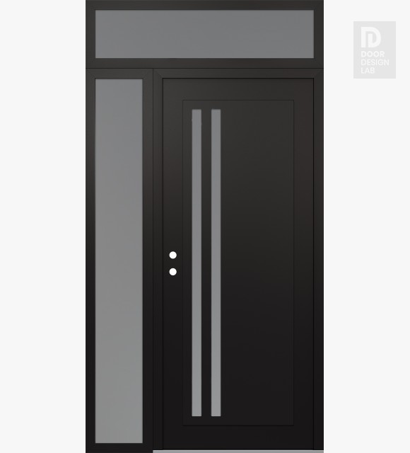 Modern Steel Front Door Diamond C6 50" x 96" black/white frosted Glass Panel black RHI with Sidelite and Transom frosted Glass