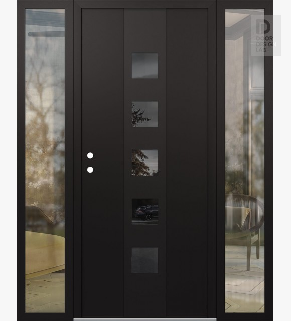 Modern Steel Front Door DIAMOND A13 68" X 80" BLACK/BLACK MIRRORED GLASS PANEL BLACK RHI WITH 2 SIDELITES CLEAR GLASS
