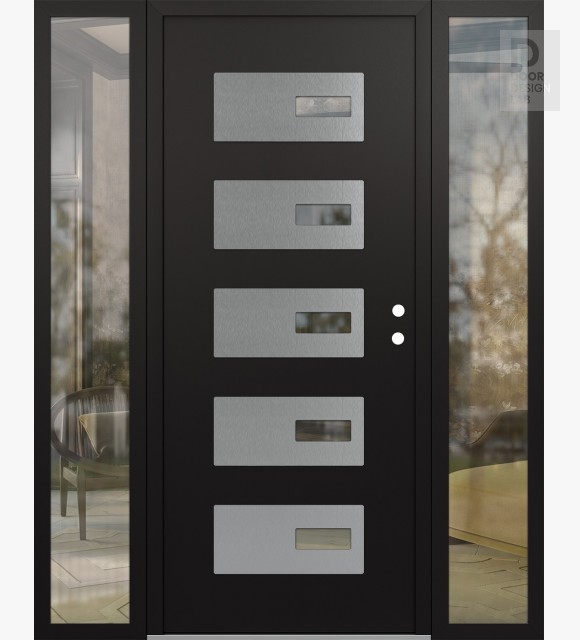 Modern Steel Front Door Diamond D7 64" x 80" black/black clear Glass Panel stainless steel LHI with 2 Sidelites clear Glass