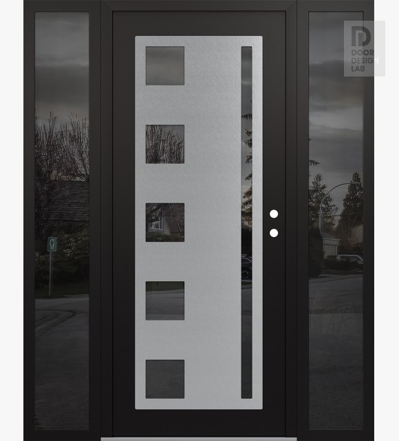 Modern Steel Front Door Diamond C3 60" x 80" black/black mirrored Glass Panel stainless steel LHI with 2 Sidelites mirrored Glass