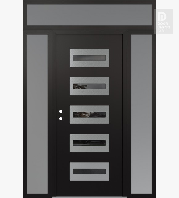 Modern Steel Front Door Diamond D4 64" x 96" black/black mirrored Glass Panel stainless steel RHI with 2 Sidelites and Transom frosted Glass