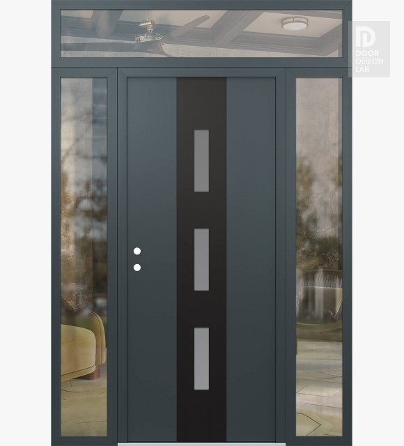 Modern Steel Front Door DIAMOND A7 64" X 96" ANTHRACITE/ANTHRACITE FROSTED GLASS PANEL BLACK RHI WITH 2 SIDELITES AND TRANSOM CLEAR GLASS