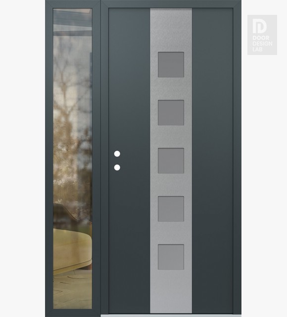 Modern Steel Front Door DIAMOND A13 50" X 80" ANTHRACITE/ANTHRACITE FROSTED GLASS PANEL STAINLESS STEEL RHI WITH SIDELITE CLEAR GLASS