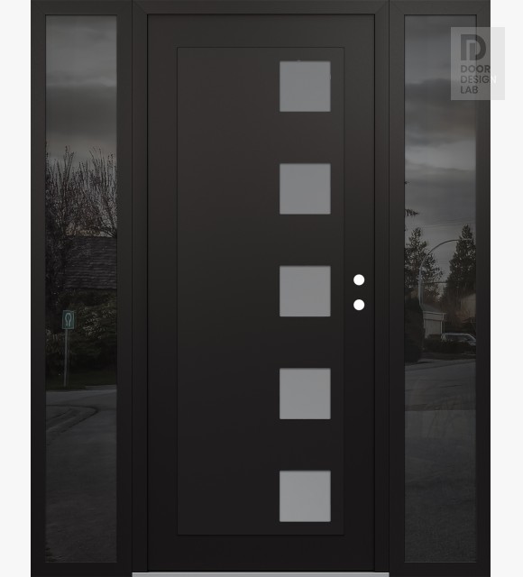 Modern Steel Front Door Diamond C5 64" x 80" black/white frosted Glass Panel black LHI with 2 Sidelites mirrored Glass