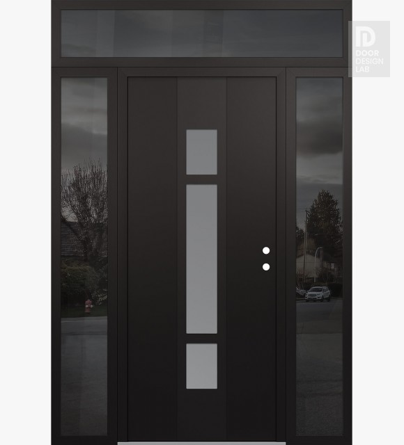 Modern Steel Front Door DIAMOND A9 60" X 96" BLACK/WHITE FROSTED GLASS PANEL BLACK LHI WITH 2 SIDELITES AND TRANSOM MIRRORED GLASS