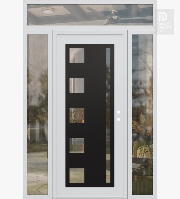 Modern Steel Front Door Diamond C3 64" x 96" white/white clear Glass Panel black LHI with 2 Sidelites and Transom clear Glass