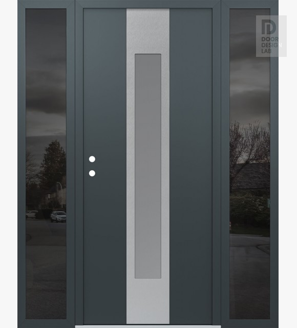 Modern Steel Front Door DIAMOND A1 68" X 80" ANTHRACITE/ANTHRACITE FROSTED GLASS PANEL STAINLESS STEEL RHI WITH 2 SIDELITES MIRRORED GLASS